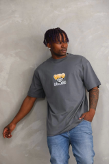 Unisex Baskılı Oversize T-Shirt - Füme