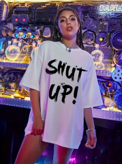 20/1 Penye Compack Oversize Beyaz Shut Up Kısa Kol Yazlık Tişört - Beyaz