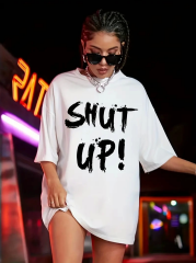 20/1 Penye Compack Oversize Beyaz Shut Up Kısa Kol Yazlık Tişört - Beyaz
