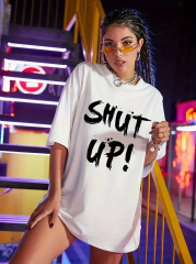 20/1 Penye Compack Oversize Beyaz Shut Up Kısa Kol Yazlık Tişört - Beyaz