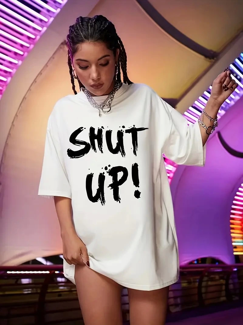 20/1 Penye Compack Oversize Beyaz Shut Up Kısa Kol Yazlık Tişört - Beyaz