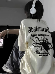 Örümcek Ağı Desenli Baskılı Oversize Bisiklet Yaka T-shirt  - Beyaz