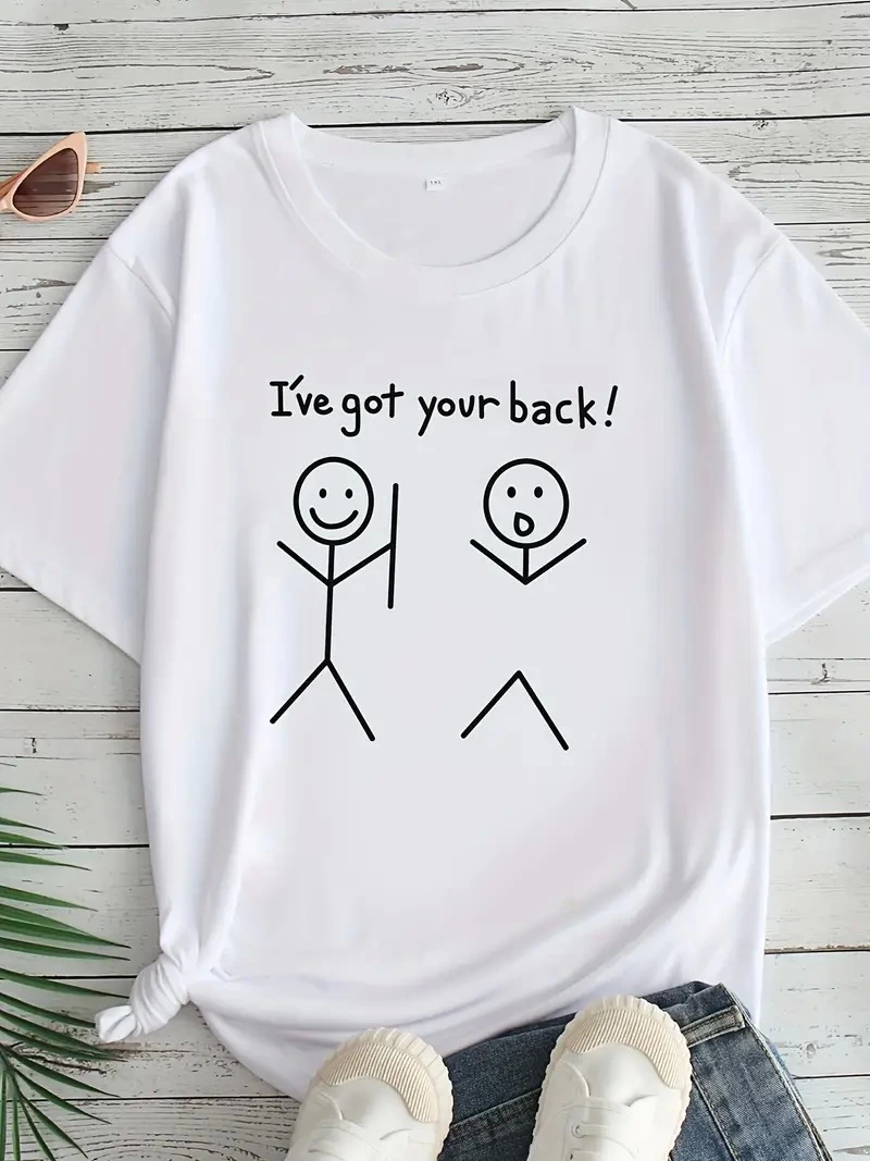 Kadın Beyaz ''I've Got Your Back'' Grafik Tişört - Eğlenceli Çubuk Tasarımlı Oversize Günlük Kısa Kollu Tişört, Polyester Örgü, Yuvarlak Yaka, İlkbahar ve Yaz için Mükemmel, Günlük Giyim Tişört | Eğlenceli Tasarım | Polyester Kumaş - Beyaz