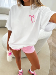 Fiyonk Ön Arka Baskılı Oversize Bisiklet Yaka T-shirt Yazlık - Beyaz