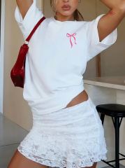 Fiyonk Ön Arka Baskılı Oversize Bisiklet Yaka T-shirt Yazlık - Beyaz