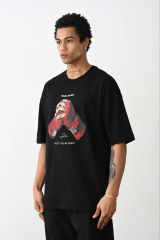 Unisex Baskılı Oversize T-Shirt - Siyah