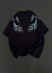 Unisex Bisiklet Yaka Baskılı Oversize T-Shirt - Siyah