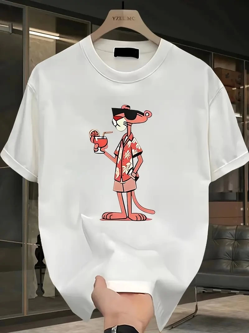 Pembe Panter Baskılı Erkek Oversize Günlük Kısa Kollu Tişört İlkbahar ve Yaz için Mükemmeldir - Beyaz