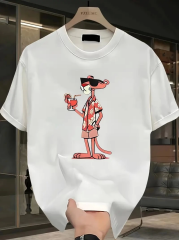 Pembe Panter Baskılı Erkek Oversize Günlük Kısa Kollu Tişört İlkbahar ve Yaz için Mükemmeldir - Beyaz