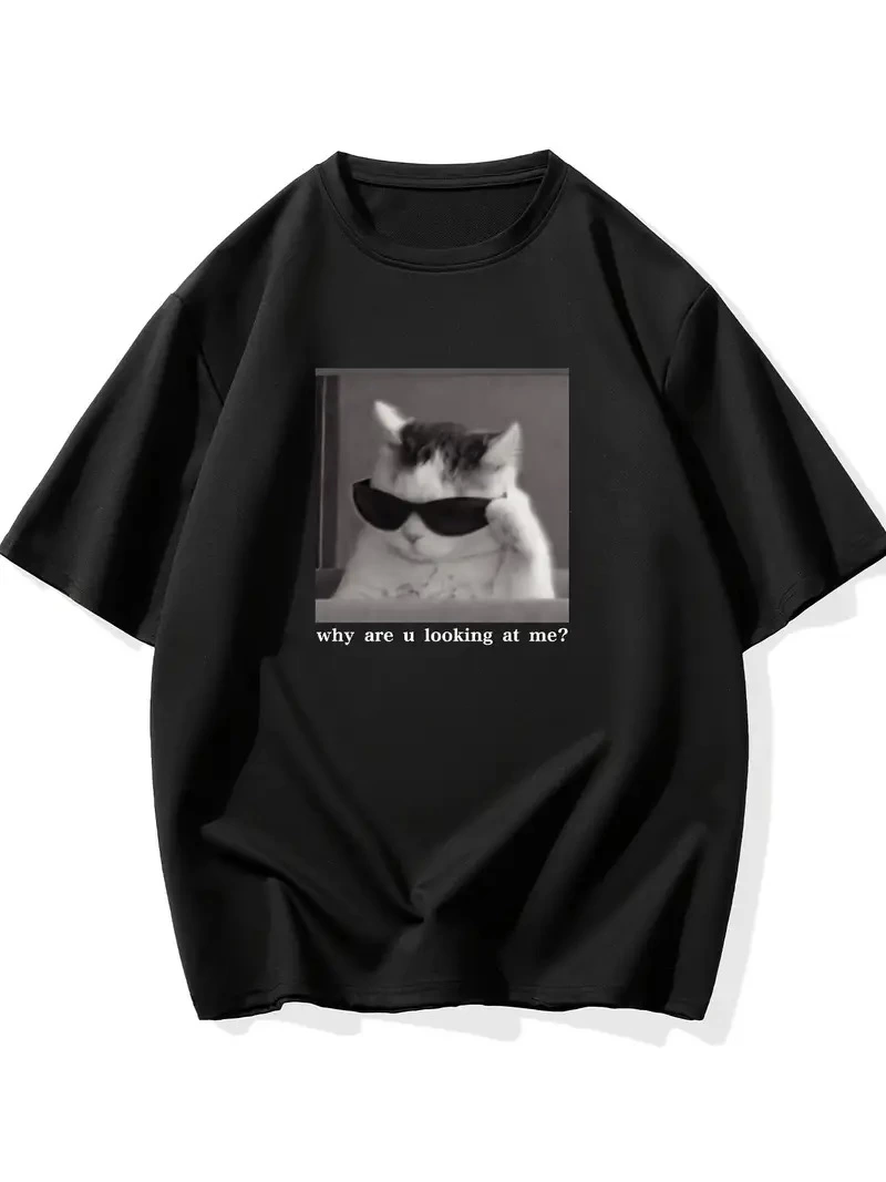 ''Neden Bana Bakıyorsun?'' Komik Kedi Grafik Tişört - Dijital Baskılı Siyah Bol Kesim Streetwear Tişört, Erkekler için Dört Mevsim Günlük Gömlek - Siyah