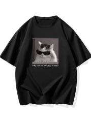 ''Neden Bana Bakıyorsun?'' Komik Kedi Grafik Tişört - Dijital Baskılı Siyah Bol Kesim Streetwear Tişört, Erkekler için Dört Mevsim Günlük Gömlek - Siyah