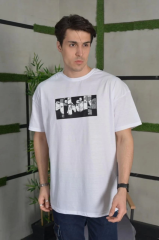 Unisex Bisiklet Yaka Baskılı Oversize T-Shirt - Beyaz