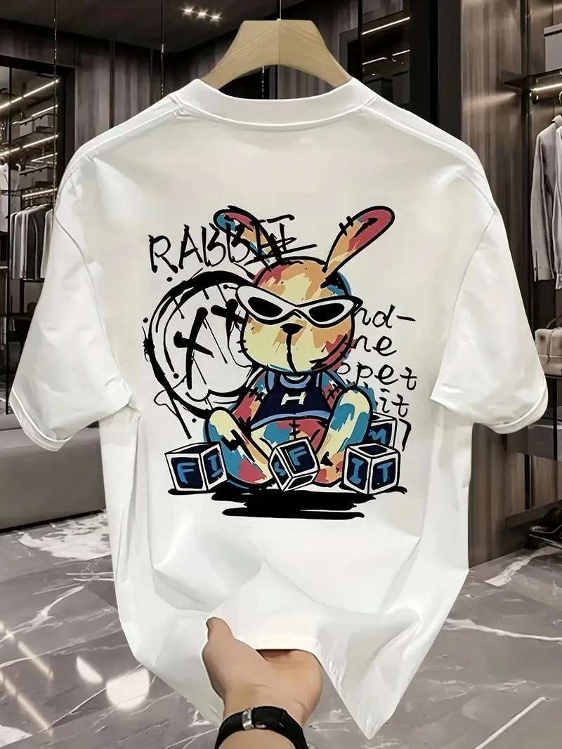 Güneş Gözlüğü Grafikli Karikatür Tavşan Oversize Kısa Kollu Tişört Çift Tişört, İlkbahar Ve Yaz - Beyaz