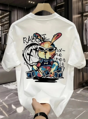 Güneş Gözlüğü Grafikli Karikatür Tavşan Oversize Kısa Kollu Tişört Çift Tişört, İlkbahar Ve Yaz - Beyaz