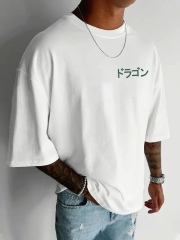 20/1 Penye Compack Ön Arka Ejder Baskılı Oversize Bisiklet Yaka T-shirt - Beyaz