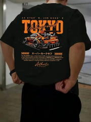 Erkek Turuncu Spor Araba Grafik Tişört - ''TOKYO'' Baskılı Günlük Oversize Kısa Kollu Tişört, Yetişkinler için Yazlık Giyim, Turuncu Araba Tasarımı- Siyah