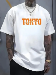 Erkek Turuncu Spor Araba Grafik Tişört - ''TOKYO'' Baskılı Günlük Oversize Kısa Kollu Tişört, Yetişkinler için Yazlık Giyim, Turuncu Araba Tasarımı - Beyaz