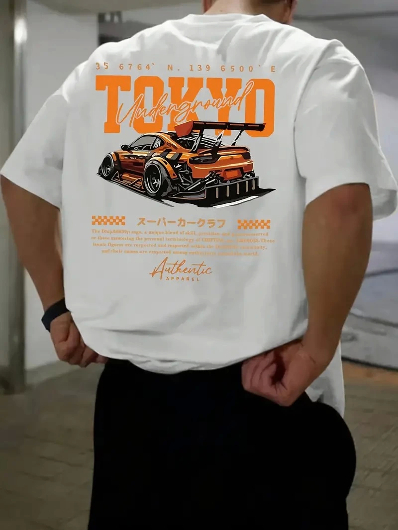Erkek Turuncu Spor Araba Grafik Tişört - ''TOKYO'' Baskılı Günlük Oversize Kısa Kollu Tişört, Yetişkinler için Yazlık Giyim, Turuncu Araba Tasarımı - Beyaz