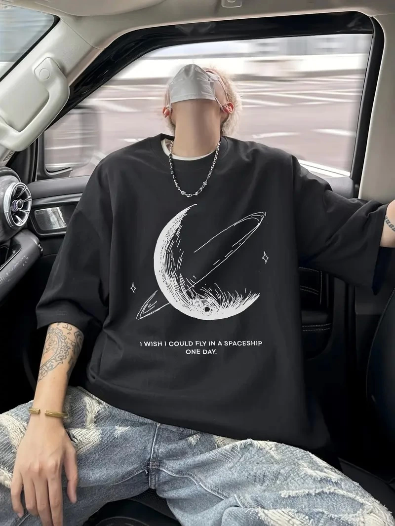 Erkekler için Siyah Tişört Grafik Genç Emo Vintage Gotik Rahat Büyük Beden Kısa Kollu Tişört Giysi Üst- Siyah