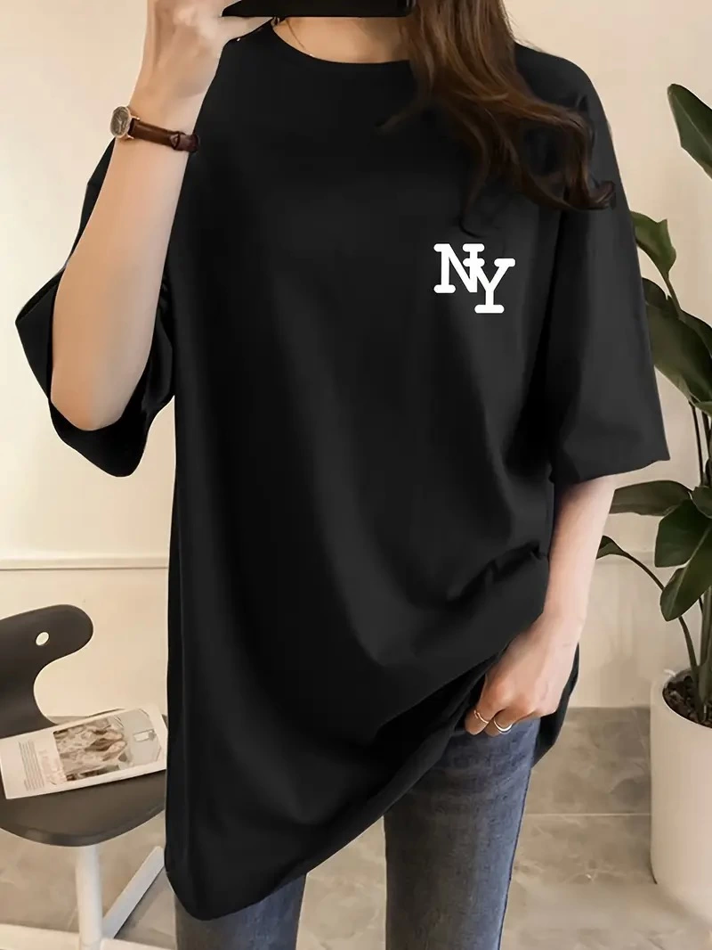 Kadın Eğlenceli Harf NY Baskılı Bisiklet Yaka Tişört - Rahat Polyester, Makinede Yıkanabilir - Yaz ve Fitness için Mükemmel, Yuvarlak Yaka - Siyah