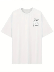 [Günlük T-Shirt] Hafif Kadın Günlük T-Shirt | Bol Kesim, Kısa Kollu, Yuvarlak Yaka, Eğlenceli Karikatür Ayı ve ''Umrumda Değil'' Baskı - Günlük Stil, İlkbahar/Yaz- Beyaz