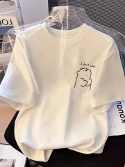 [Günlük T-Shirt] Hafif Kadın Günlük T-Shirt | Bol Kesim, Kısa Kollu, Yuvarlak Yaka, Eğlenceli Karikatür Ayı ve ''Umrumda Değil'' Baskı - Günlük Stil, İlkbahar/Yaz- Beyaz