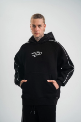 Uzun Kol Kapşonlu Ara Biyeli SweatShirt - Siyah