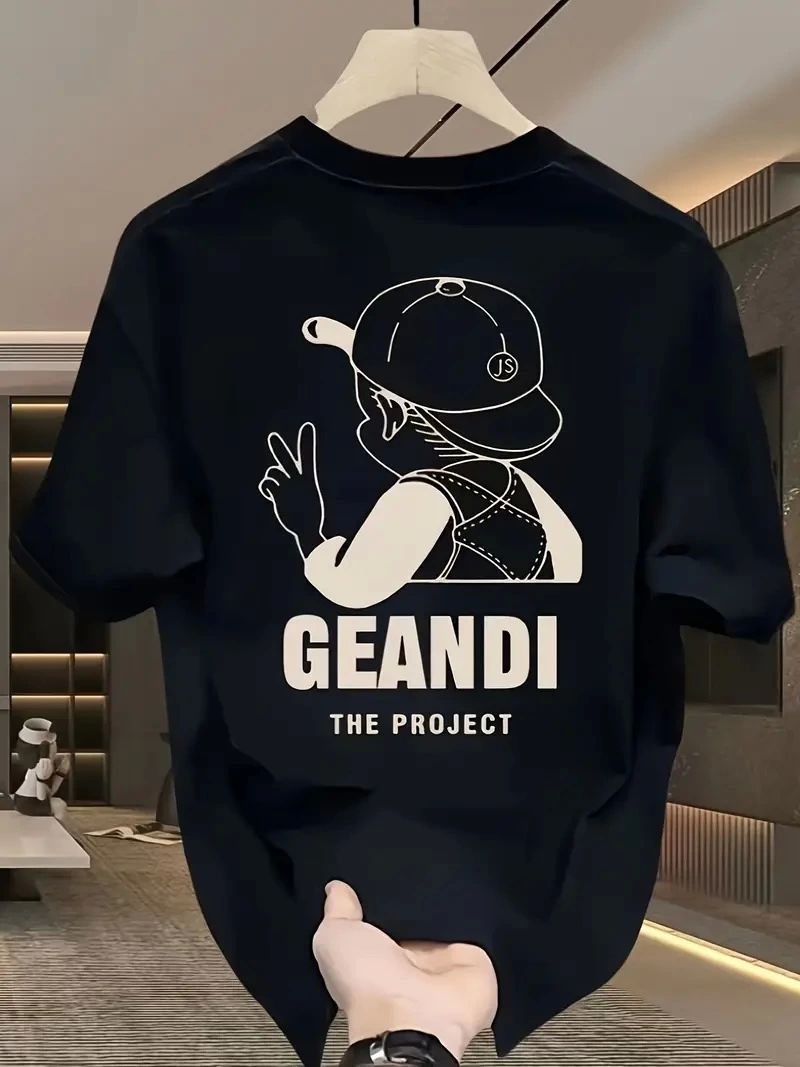 Geniş Kesim Pamuklu Tişört - ''GANDHI The Project'' Baskılı, Siyah, Rahat Kesim, Kısa Kollu, Günlük Kıyafet, Her Gün Giyilebilecek Tişört- Siyah