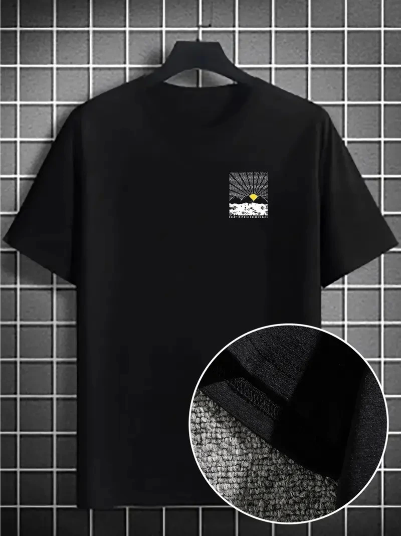 Erkek Dağ Grafikli Tişört, Yaz için Büyük Beden Rahat T-shirt - Siyah