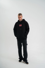Double Oversize Kapşonlu Dijital Patchli SweatShirt - Siyah