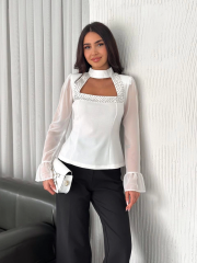 Penye Uzun Kollu Kadın Kolları Şifon Göğüste İnci Boncuk detaylı Bluz - Beyaz