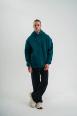 Unisex Uzun Kol Kapşonlu Yıkamalı Nakışlı SweatShirt - Koyu Deniz Yeşili