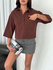 Z Krep Kadın Crop Yakalı Gömlek İlik Düğmeli Üç Çeyrek Sleeve Kol - Kahverengi