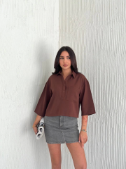 Z Krep Kadın Crop Yakalı Gömlek İlik Düğmeli Üç Çeyrek Sleeve Kol - Kahverengi