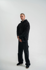 Kapşonlu Double Oversize Yıkamalı Evalı Nakışlı SweatShirt - Siyah