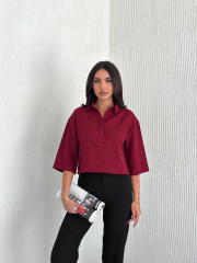 Z Krep Kadın Crop Yakalı Gömlek İlik Düğmeli Üç Çeyrek Sleeve Kol - Bordo