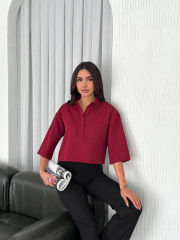 Z Krep Kadın Crop Yakalı Gömlek İlik Düğmeli Üç Çeyrek Sleeve Kol - Bordo