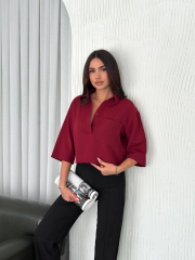 Z Krep Kadın Crop Yakalı Gömlek İlik Düğmeli Üç Çeyrek Sleeve Kol - Bordo