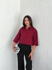 Z Krep Kadın Crop Yakalı Gömlek İlik Düğmeli Üç Çeyrek Sleeve Kol - Bordo
