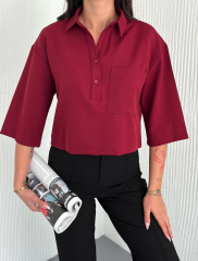 Z Krep Kadın Crop Yakalı Gömlek İlik Düğmeli Üç Çeyrek Sleeve Kol - Bordo
