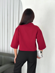Z Krep Kadın Crop Yakalı Gömlek İlik Düğmeli Üç Çeyrek Sleeve Kol - Bordo