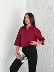 Z Krep Kadın Crop Yakalı Gömlek İlik Düğmeli Üç Çeyrek Sleeve Kol - Bordo