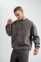 Unisex Uzun Kol Bisiklet Yaka Yıkamalı SweatShirt - Füme