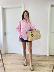 Poplin Kadın Yakalı Yandan Yırtmaçlı Arka Pens Detaylı Gömlek - Pembe