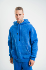 Unisex Double Oversize Kapşonlu Yıkamalı SweatShirt - Mavi