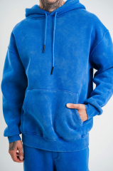 Unisex Double Oversize Kapşonlu Yıkamalı SweatShirt - Mavi