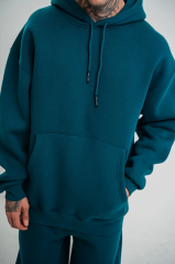 Unisex Double Oversize Kapşonlu Basic SweatShirt - Koyu Deniz Yeşili
