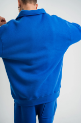 Unisex Double Oversize Patlı Yaka SweatShirt - Mavi
