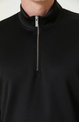 Unisex Uzun Kol Yarım Farmuarlı Yakalı Basic SweatShirt - Siyah