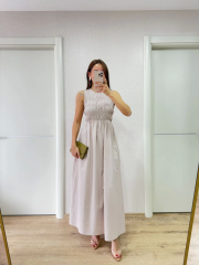 Kolsuz Göğüs Lastıklı %100 Poplin Uzun Elbise - Gri